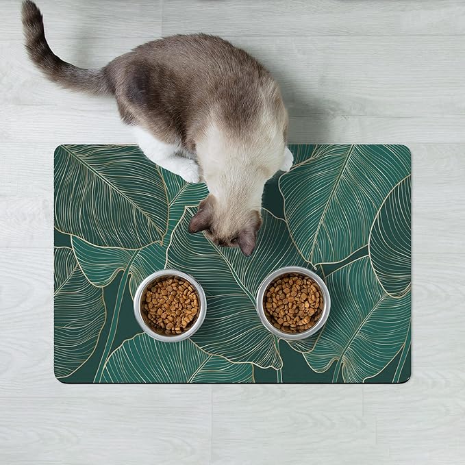 Rnivvi Dog Food Mat, 12" x 19" Flower Absorbent Dog Cat Bowl Mat for Food and Water, Cute Anti-Slip Rubber Pet Feeding Rug Protect Floors, Puppy Placemat for Feeding & Watering Supplies, Tropical
