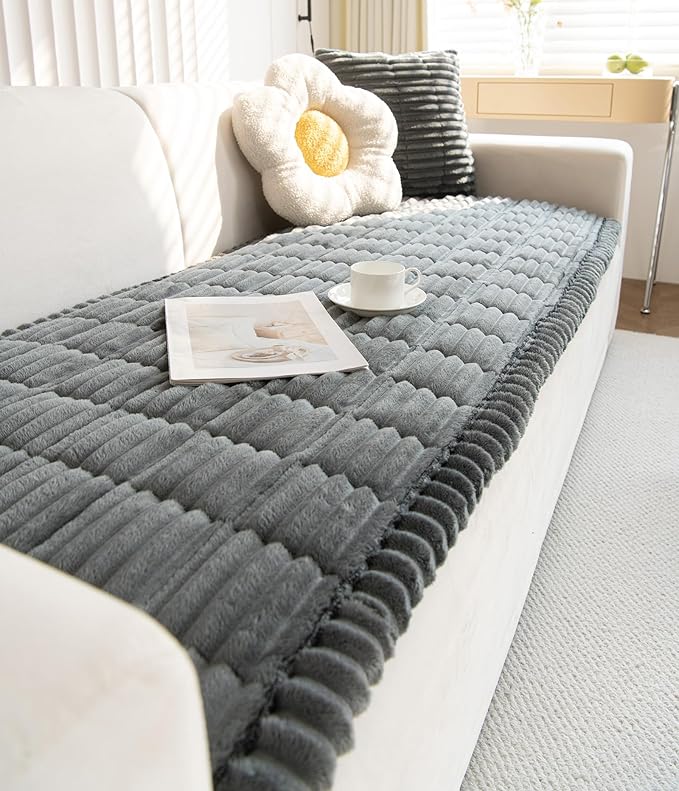 Faux Fur Plush Dog Couch Cover 3D Stripe Fuzzy Sofa Cover Non-Slip Fluffy Dog Bed Cover Pet Blanket Sofa Couch Furniture Protector for Puppy Large Dog Cat (Dark Grey,31"x70")