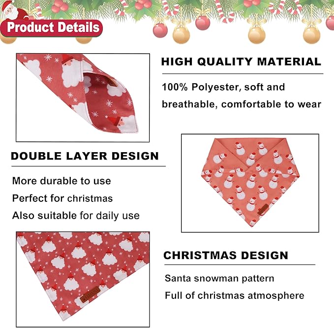 ADOGGYGO Dog Bandana Christmas Pet Scarf Bib Kerchief, Premium Durable Fabric, Red Green Santa Snowman Christmas Bandanas for Medium Large Dogs (Large)