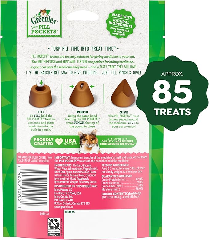 Greenies Feline Pill Pockets for Cats Natural Soft Cat Treats, Salmon Flavor, 3 oz. Pouch (85 Treats)