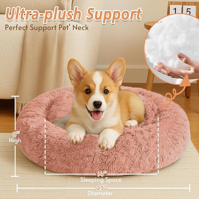 JOLLYVOGUE Calming Dog & Cat Bed for Small Dogs, Anti-Anxiety Donut Cuddler Cozy Soft Round Bed with Anti-Slip Bottom, Fluffy Faux Fur Plush Cushion Beds for Small Medium Pets (23")