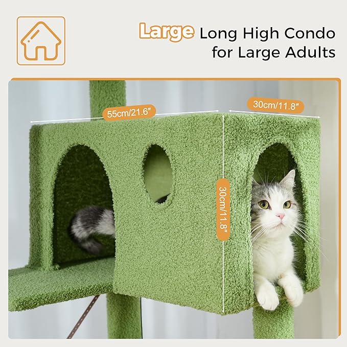 54” Cat Tree for Large Cats Big Cat Tower with Enlarged Hammock 21.6x17.7” Spacious Cats Condo House, Roomy Top Bed,Multiple Scratch Posts and Pad for Indoor Adult Cats (Green, Large-54)
