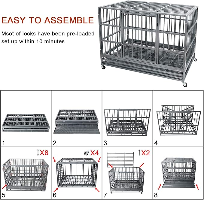 Otaid 48 Inch Heavy Duty Indestructible Cage Kennel with Wheels, High Anxiety Dog Crate, Sturdy Locks Design, Double Door and Removable Tray, Extra Large Dog Crate, Silver