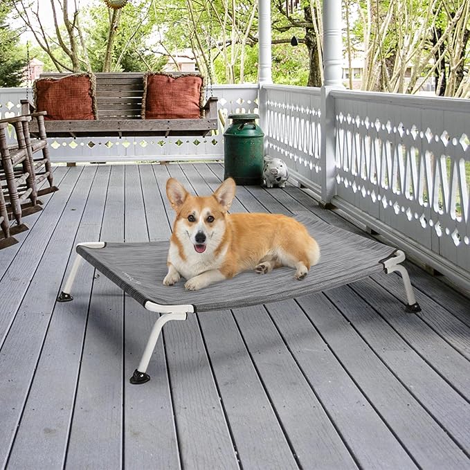 Veehoo Elevated Dog Bed for Outdoor, Cooling Waterproof Raised Dog Cots Beds for Medium Dogs, Curved Off Ground Pet Hammock Cot Lifted for Outside, up to 65lbs, White Legs, Black Silver 32"