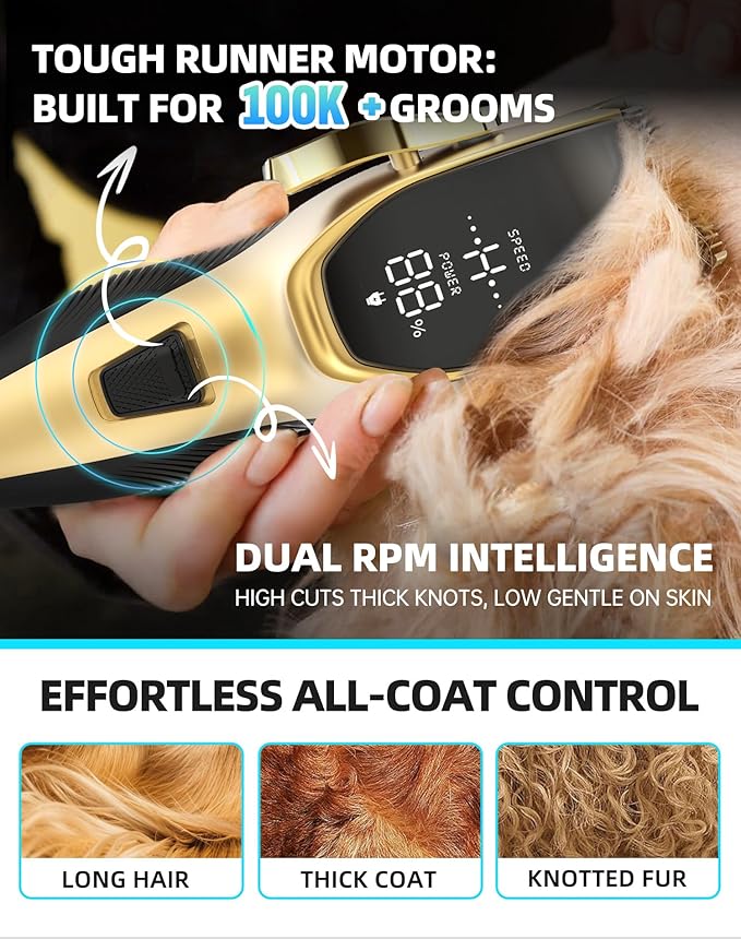 Dog Grooming Kit Low Noise，Cordless 4 in 1 Dog Clippers for Grooming Rechargeable Pet Cat Hair Trimmer with 2 Speed,6 Guards,Scissors,Comb for Small Medium Large Pets Dogs Cats Hair Cutting Gold