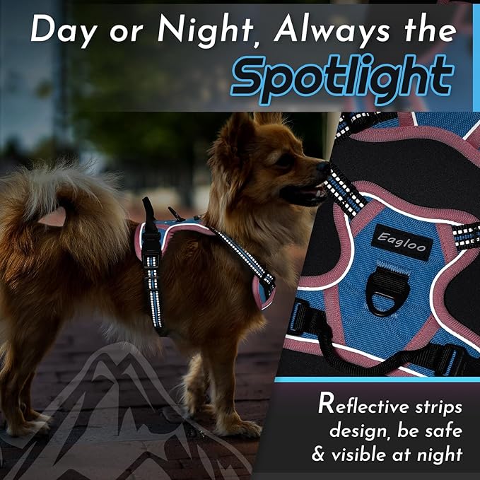Eagloo Small Dog Harness No Pull, Service Vest with Reflective Strips and Control Handle, Adjustable and Comfortable for Walking, No Choke Pet Harness with 2 Metal Rings, Pink & Blue, XS