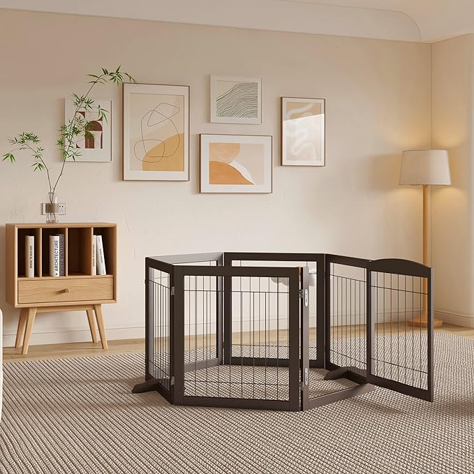 Vantas Folding Pet Gate 144" Wide, 30" Tall No-Assembly Wooden Dog Gate with Door Walk Through, Freestanding Wire Pet Gate, Pet Puppy Safety Fence, with 2PCS Support – Espresso
