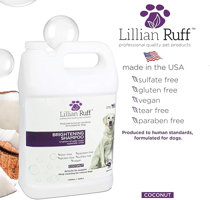 Lillian Ruff PRO Formula Ultra Brightening Dog Shampoo - Professional Whitening & Long-Lasting Odor Eliminator, Remove Stains & Discoloration, Dry Skin & Itch Relief with Aloe & Provitamin B5 (Gallon)