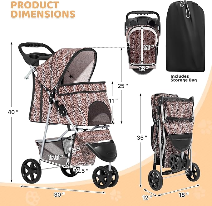 Magshion 3-Wheel Pet Stroller, Foldable Travel Jogger for Small & Medium Dogs & Cats (Up to 33lbs), Lightweight Carrier with Breathable Mesh Cover, Cup Holder & Storage Basket, Leopard Print