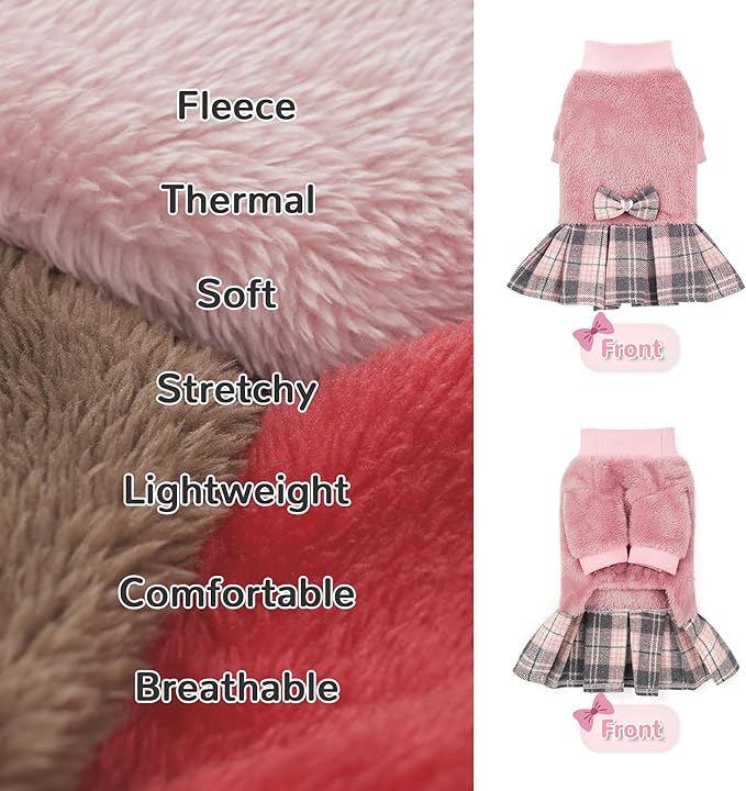 YUDODO Fleece Small Dog Sweater Dress with Bowtie, Female Fall Winter Warm Dog Clothes, Princess Sweater Dress for Small Dogs Girl (Pink, S)