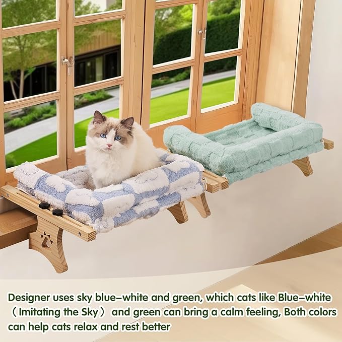 Cat Sill Window Perch Sturdy Hammock Window Seat with Cushion Bed Cover, Premium Wood & Metal Frame for Cats, Easy to Adjust Cat Bed for Windowsill, Bedside and Drawer (Blue-Green, 15)