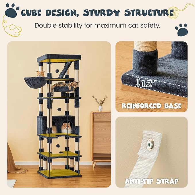 MWPO 74.8 inches Large Cat Tree with Sisal-Covered Scratching Posts & Condo, Tall Cat Tower Entertainment Playground Furniture for Cats & Kittens - Multiple Colors-Smoky Gray