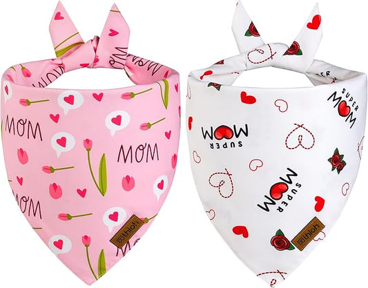 Mothers Day Dog Bandanas - 2 Pack Reversible Super Mom Pet Scarf for Boy and Girl | Premium Durable Fabric | Triangle I Love My Mom Bandana for Small Medium Large and Extra Large Dogs (X-Large)