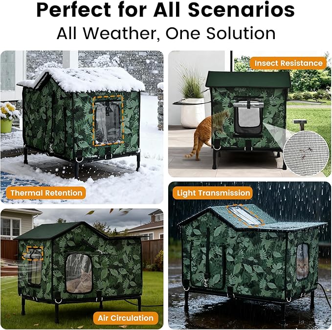 Heated Cat House for Outside in Winter, Weatherproof & Insulated Large Cat Shelter with Heated Cat Bed and 2 Safe Escape Doors for Multiple Stray/Feral Cats(Leaf Pattern, 27.6"x19.3"x21.3")