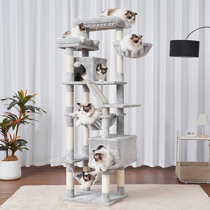 Heybly Cat Tree, 71-Inch-Tall Tower for Indoor Cats with 2 Perches, 2 Big Condos, 2 Hammocks, Basket, Scratching Pad, Large Cat Furniture and Condo, Light Gray HCT034W