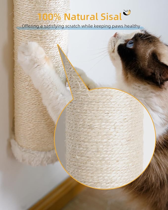 34'' Wall Cat Scratching Post, Wall Mounted Cat Scratcher Furniture for Indoor Active Cats, Tall Sisal Pole for Large Adult Cat Pet Climb Stretch Walk
