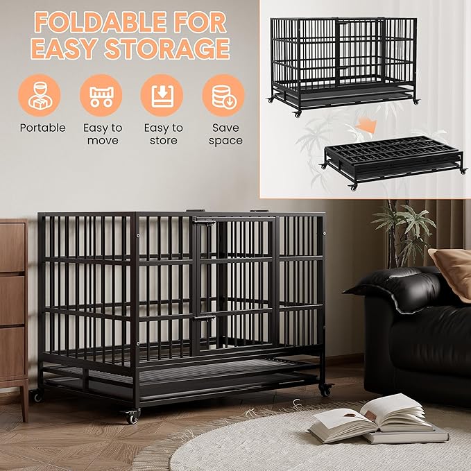 Heavy Duty Metal Dog Crate, 48.5 in Extra Large Double Door Dog Cage with Wheels, Folding Indoor Pet House with Removable Tray Perfect for Small, Medium and Large Pets