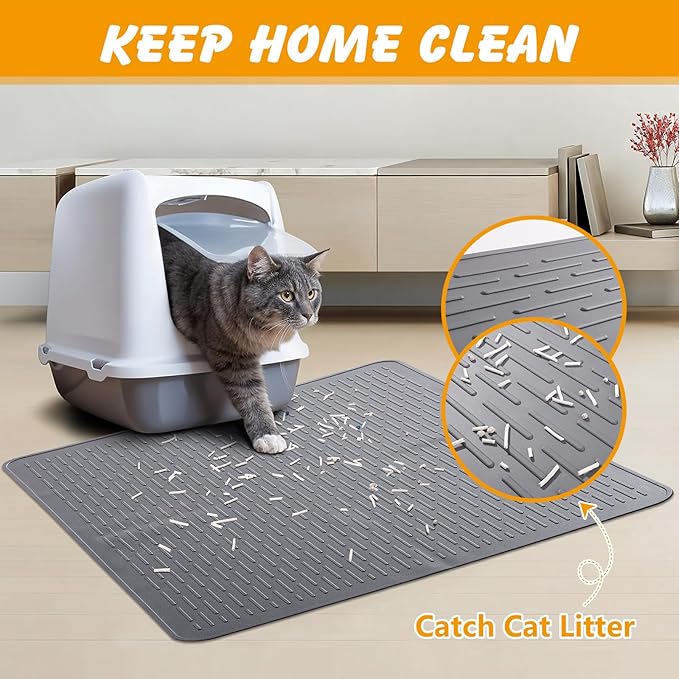 Silicone Cat Litter Mat, 28x20 in Waterproof Litter Box Mat Cats Feeding Mats with Raised Edges, Quick Clean Desig (Grey)