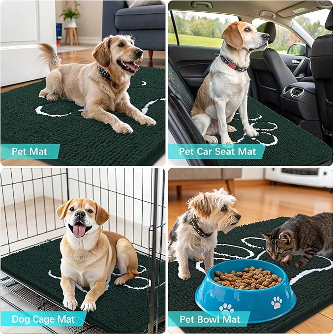OLANLY Dog Door Mat for Muddy Paws 59x35, Paw Print Design, Absorbs Moisture and Dirt, Absorbent Non-Slip Washable Doormat, Quick Dry Chenille Mud Mat, Entry Indoor Entryway Carpet, Blackish Green