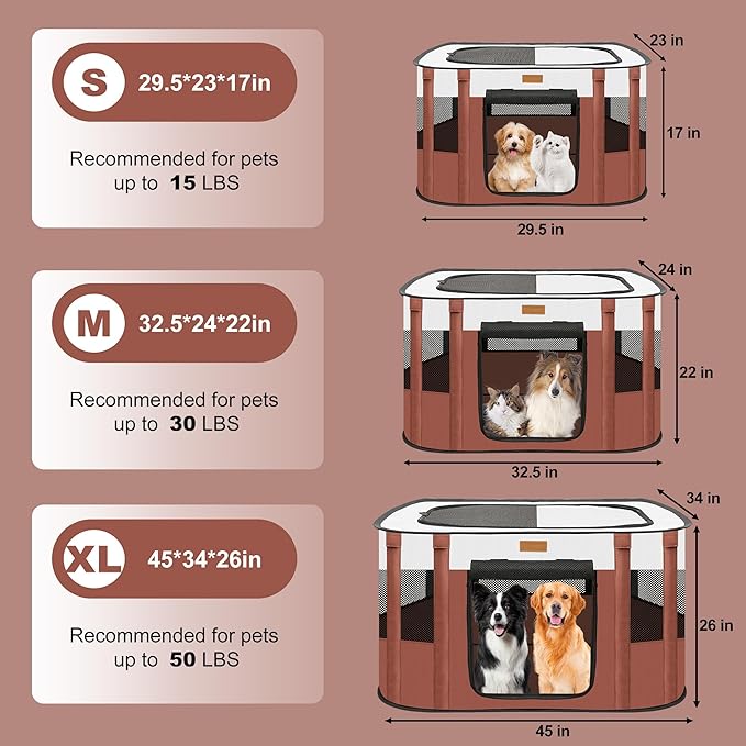 Dog Playpen - Foldable Cat Play Pens for Pubby, Kitten, Rabbit, Portable Pet Tent with Carring Bag for Indoor/Outdoor Travel Camping Brown X-Large