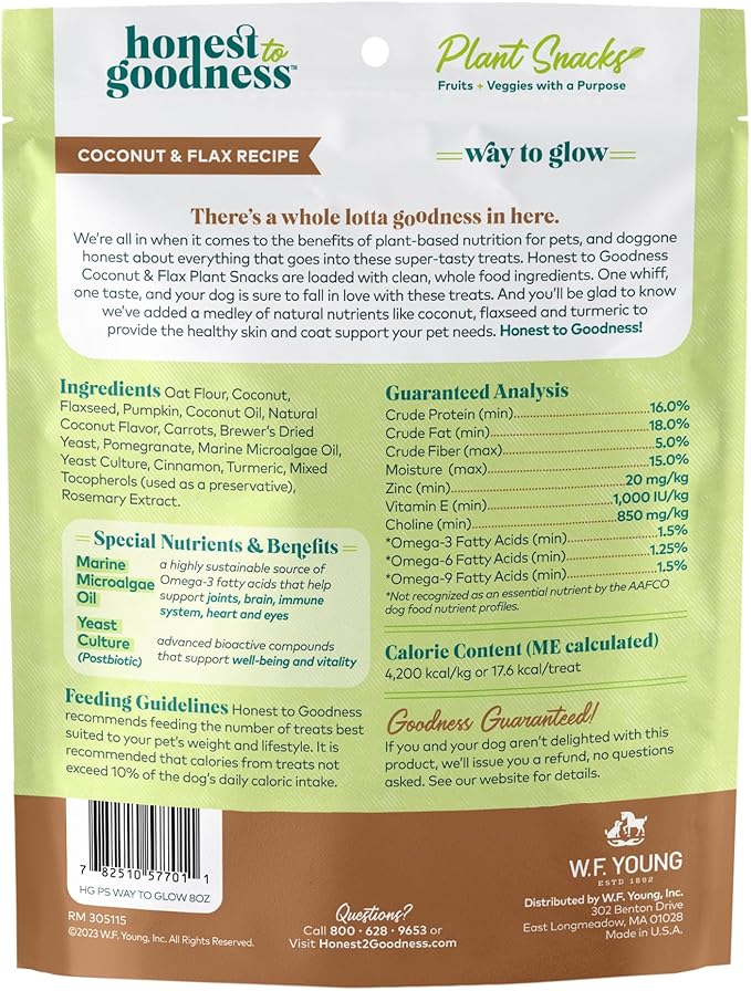 Honest to Goodness Plant Snacks Way to Glow Coconut & Flax Recipe Dog Treats, Enriched with Omega 3s & Postbiotics, 8oz