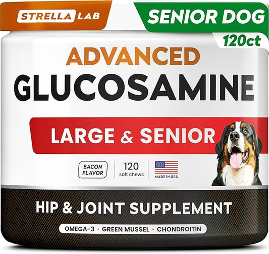STRELLALAB Advanced Glucosamine Hip & Joint Supplement for Senior Dogs - Green Lipped Mussel & Collagen - Hip & Joint Pain Relief - Large & Small Breed - Joint Health - Bacon - 120 Chews