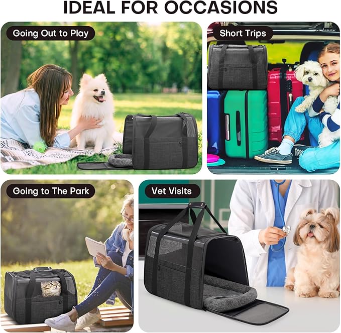 JUNGYOON Large Cat Carrier – Soft-Sided Airline-Approved Pet Carrier Bag with Top Opening, Portable Travel Carrier for Big Cats & Dogs Up to 20lbs – Safety Zippers, Collapsible Bowl, Dark Gray