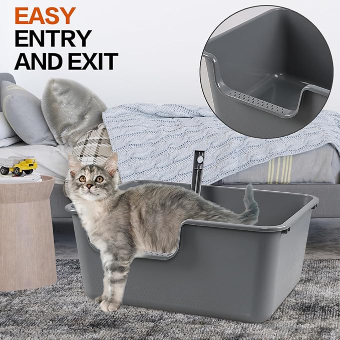 4-Pack Plastic Open Top Kitty Litter Box, Cat Litter Box with High Sides, Including 4 Scoops, Grey