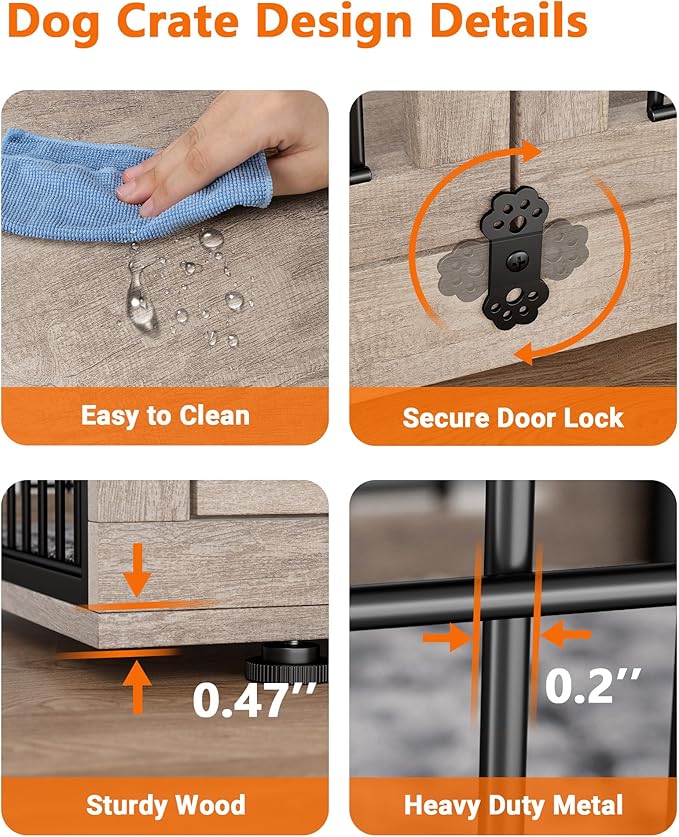 Dog Crate Furniture with Cushion Set of 2, Large Wooden Dog Kennel Indoor with Double Doors, Dog Cage with Wheels, Dog House Side End Table for Large Medium Dogs up to 70 lb, 38.5” L, Grey