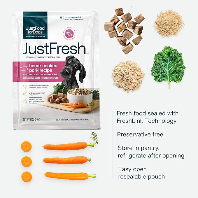 JustFoodForDogs JustFresh Wet Dog Food, Fresh Pet Meals and Toppers with No Preservatives, Resealable Package, Human Grade, Home-Cooked Pork, 12 oz - 7 Pack