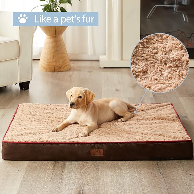 WNPETHOME Orthopedic Large Dog Bed, Large Waterproof Dog Bed with Removable Washable Cover & Anti-Slip Bottom,Egg Crate Foam Pet Bed Mat,Soft Rose Plush Pet Crate Mat