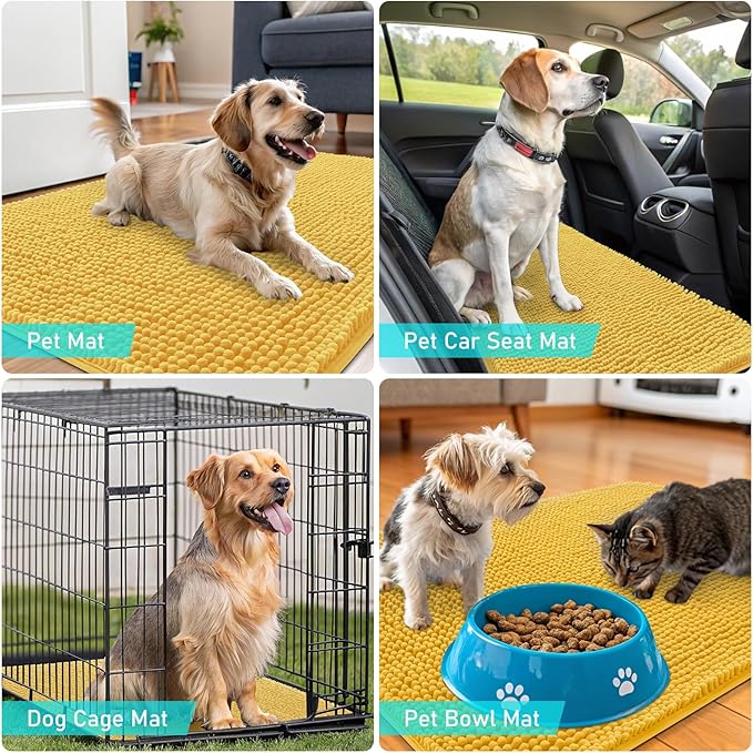 OLANLY Dog Door Mat for Muddy Paws 47x20, Absorbs Moisture and Dirt, Absorbent Non-Slip Washable Doormat, Quick Dry Chenille Mud Mat for Dogs, Entry Indoor Entryway Carpet for Inside Floor, Yellow