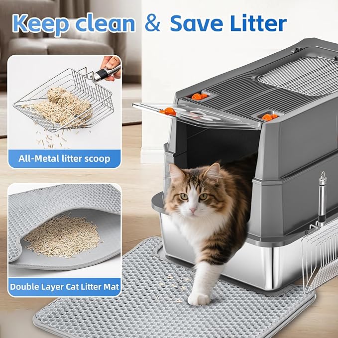 Stainless Steel Litter Box with Lid, 155° Flip Top XL Covered Enclosed Metal Cat Litter Box with Mat & Scoop, High Sided Enclosure,Anti-Leakage,Odor Free,Front & Top Dual Entry