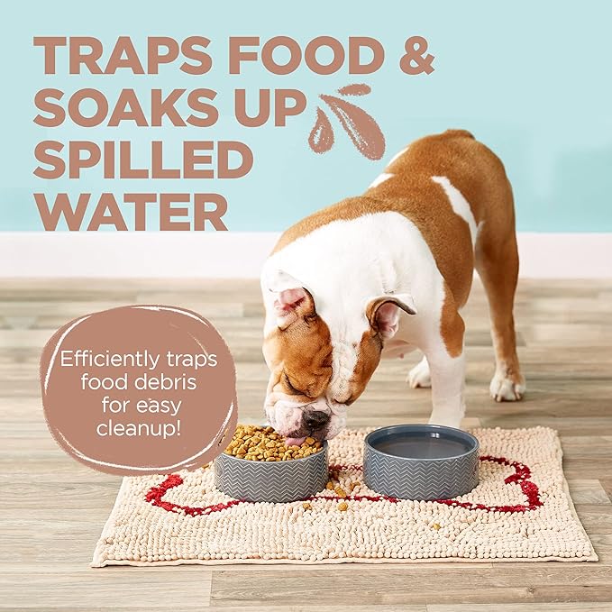 Soggy Doggy Slopmat - Water Absorbing Door Mat for Food and Water - Microfiber Chenille Rug for Muddy Paws and Messy Eaters - Machine Washable (Beige/Red Bone, 18” x 24″)