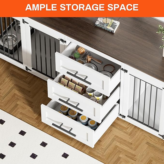Rophefx 94.5" Dog Crate Furniture for 2 Dogs, Large Dog Kennel Furniture with 3 Storage Drawer, Wooden Dog Cage with 4 Bowls, Indoor Dog House TV Stand with Locks for Large Medium Dog, White