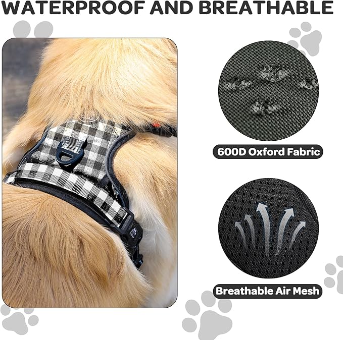 FURRYFECTION Plaid Dog Harness for Small Dogs | No Pull Reflective Pet Harness | No Choke Adjustable Dog Vest Harnesses | with Leash | Easy Control Handle | Front Lead | Seat Belt | Black&White | S