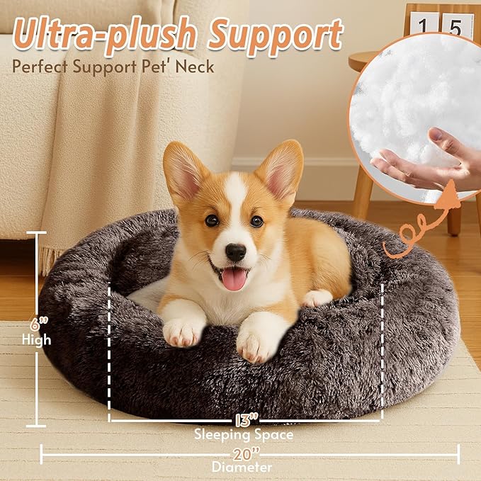 JOLLYVOGUE Calming Dog & Cat Bed for Small Dogs, Anti-Anxiety Donut Cuddler Cozy Soft Round Bed with Anti-Slip Bottom, Fluffy Faux Fur Plush Cushion Beds for Small Medium Pets (20")