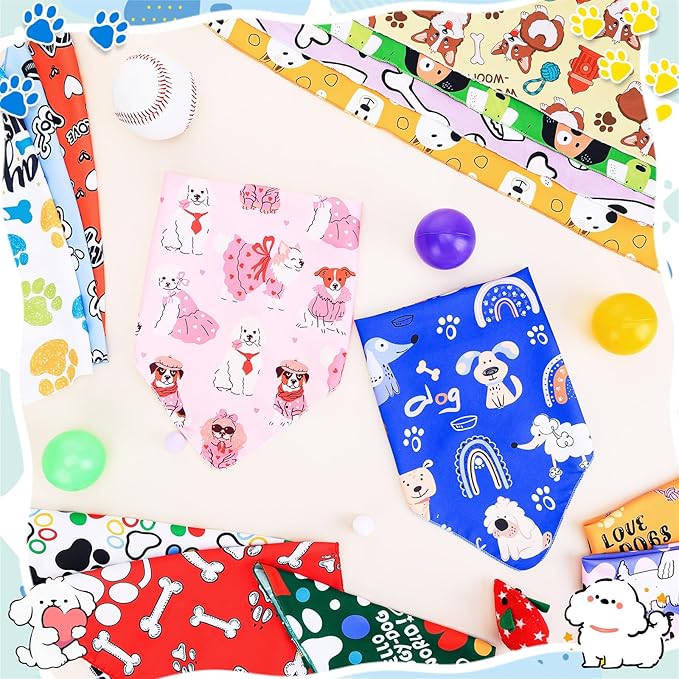 30Pcs Dog Bandanas Bulk Adjustable Washable Triangle Pet Bandanas Cartoon Bone Paw Print for Small Medium Large Dogs Grooming Daily Wear Birthday Party