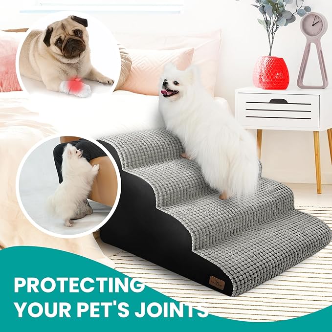 Dog Stairs for Small Dogs, 20.5" H 4 Step Curved Dog Ramp for High Bed and Couch, Foam Dog Ramp with Durable Non-Slip Waterproof Fabric Cover, Pet Stairs for Pets Joints, Light Grey