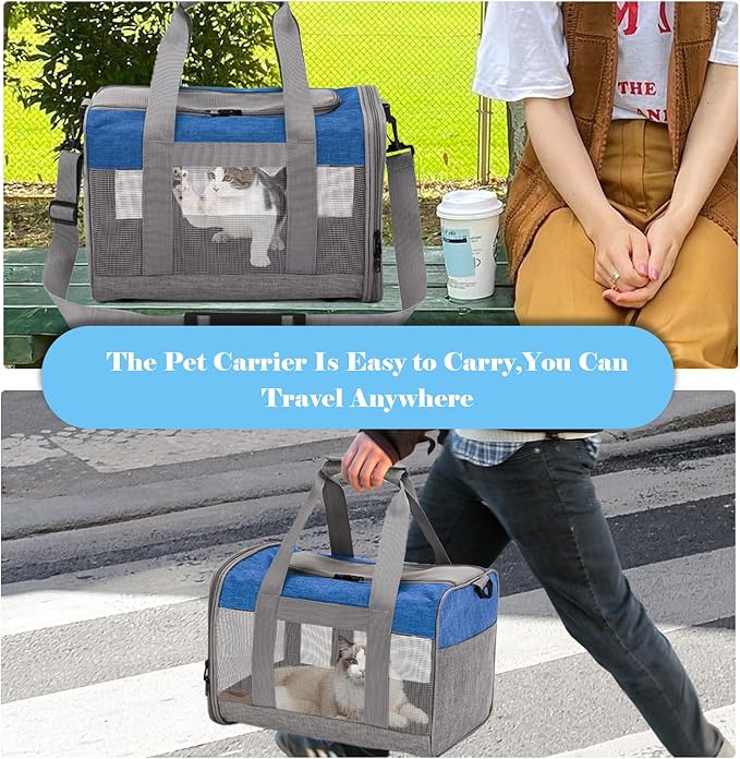 Soft Sided Pet Carrier for Cat,Airline Approved Cat Carriers Collapsible Portable Kitten Travel Crate Breathable Ventilated Grey Blue Puppy Carrying Bag Under to 12 Lb