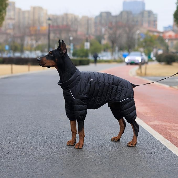 Lovelonglong Dog Coat Dog Warm Jacket, 4 Legs Covered Waterproof Windproof Reflective Warm Dog Vest, Zippered Adjustable Outdoor Dog Snow Jacket for Small Medium Large Dogs Black XXXL