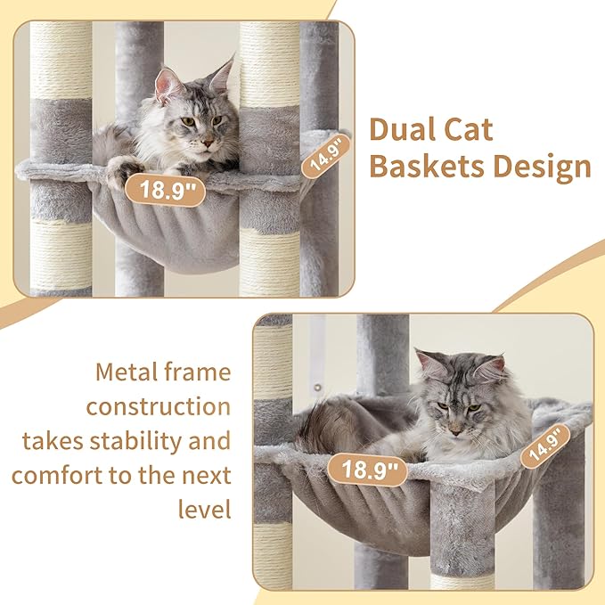Heybly Cat Tree, 71-Inch Tall Cat Tower for Large Maine Coon Cats with Extra-Large Baseboard, Cat Condo Furniture with Multi-Level Platforms, 2 Hammocks and 12 Scratching Posts, Light Gray HCT037W