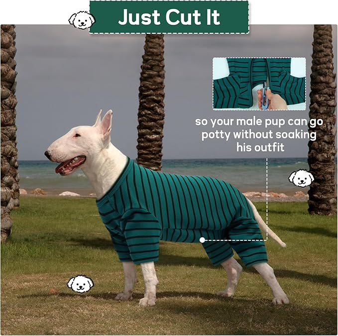 Striped Dog Pajamas - Pijamas for Small to Large Dogs, Fleece Shedding Suit, Stretchy & Machine-Washable Pjs, Belly Cut for Males, Great for Surgery & Cold Weather, Green S
