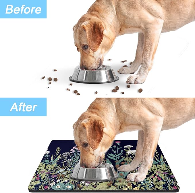 Rnivvi Dog Food Mat, 12" x 19" Flower Absorbent Dog Cat Bowl Mat for Food and Water, Cute Anti-Slip Rubber Pet Feeding Rug Protect Floors, Puppy Placemat for Feeding & Watering Supplies,Black Floral