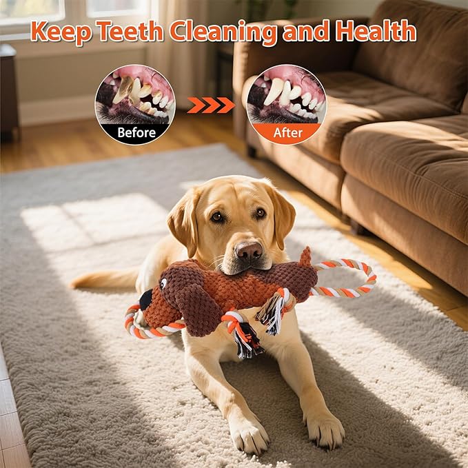 Plush Dog Toys with Rope, Squeaker & Crinkle Paper – Interactive Squeaky Chew Toy for Large Dogs & Puppies – Tough Pet Toy for Tug of War, Fetch & Dental Exercise