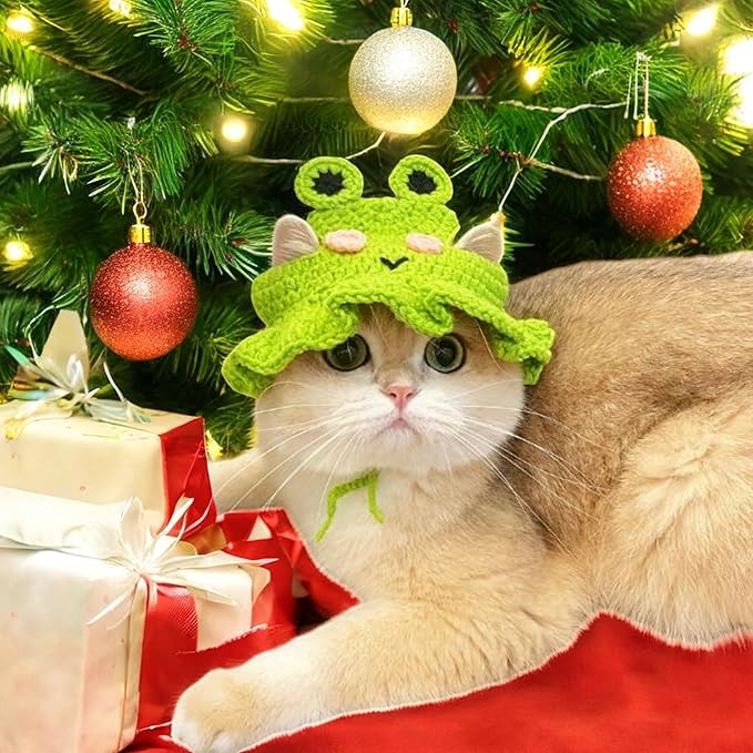 2Pcs Cute Knitted Rabbit Hat, Funny Bunny Hats for Pet Rabbits Large Guinea Pig Small Dog Cat Pet Bunny Costume for Birthday Party Christmas Halloween Easter Travel Accessories (Frog and Flower)