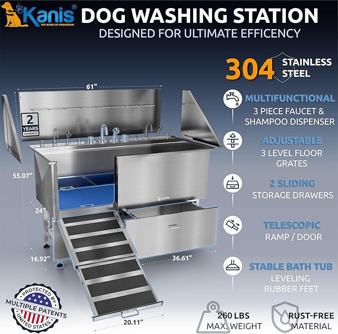 KANIS Professional Dog Washing Station - 304 Stainless Steel Pet Wash Sink & Grooming Bathtub w/Shower, Floor Grates and Storage for Large, Medium & Small Pets (61", 2 Drawers - Left Ramp)