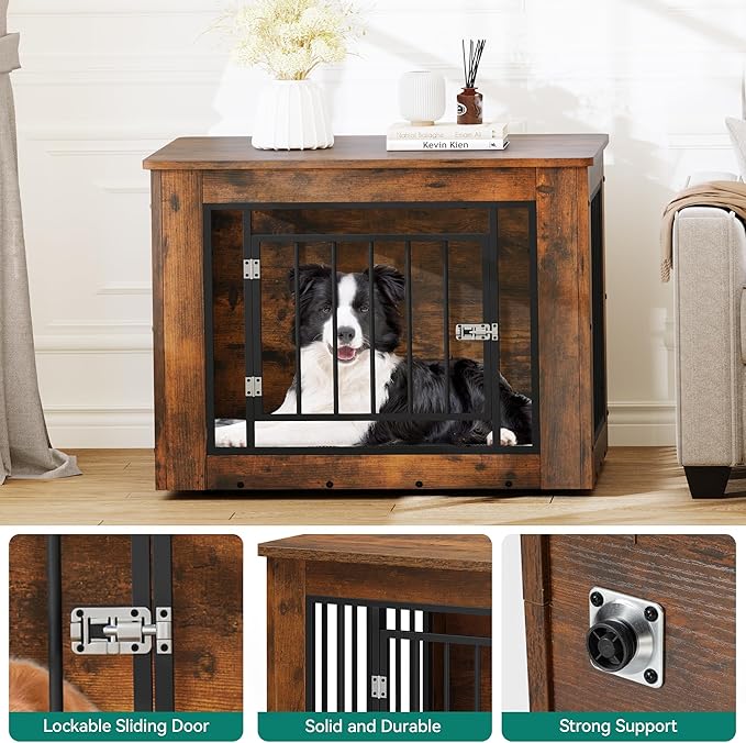 YITAHOME 32.5" L Dog Crate Furniture for Medium Dogs, 2-in-1 Iron-Wood Fusion Dog cage Indoor up to 40 lb, Side End Table, Modern Dogs Kennel with Waterproof Top, Safety Corners,Steel Lock,Rustic