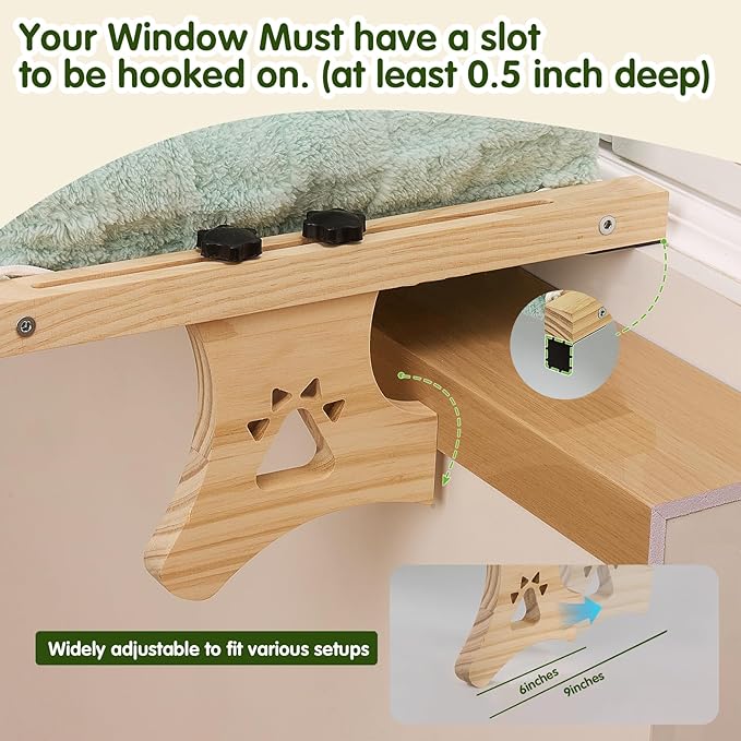 Cat Sill Window Perch Sturdy Hammock Window Seat with Cushion Bed Cover, Premium Wood & Metal Frame for Cats, Easy to Adjust Cat Bed for Windowsill, Bedside and Drawer (Blue-Green, 15)
