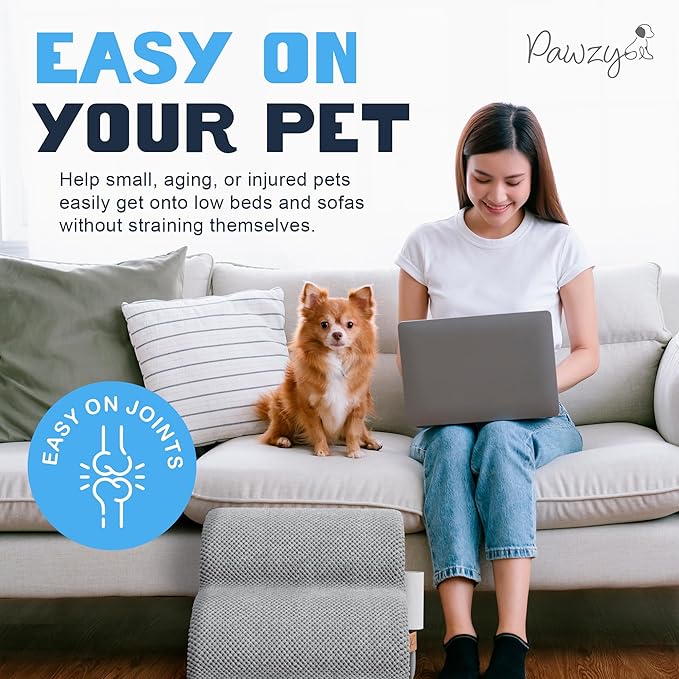 PAWZY Foam Pet Stairs for Small Dogs & Cats – 3-Step Dog Ramp 15.5” High, Wide Non-Slip Steps for Bed & Couch – Washable Pre-Fitted Cover (no Assembly Required), Waterproof Base – Grey